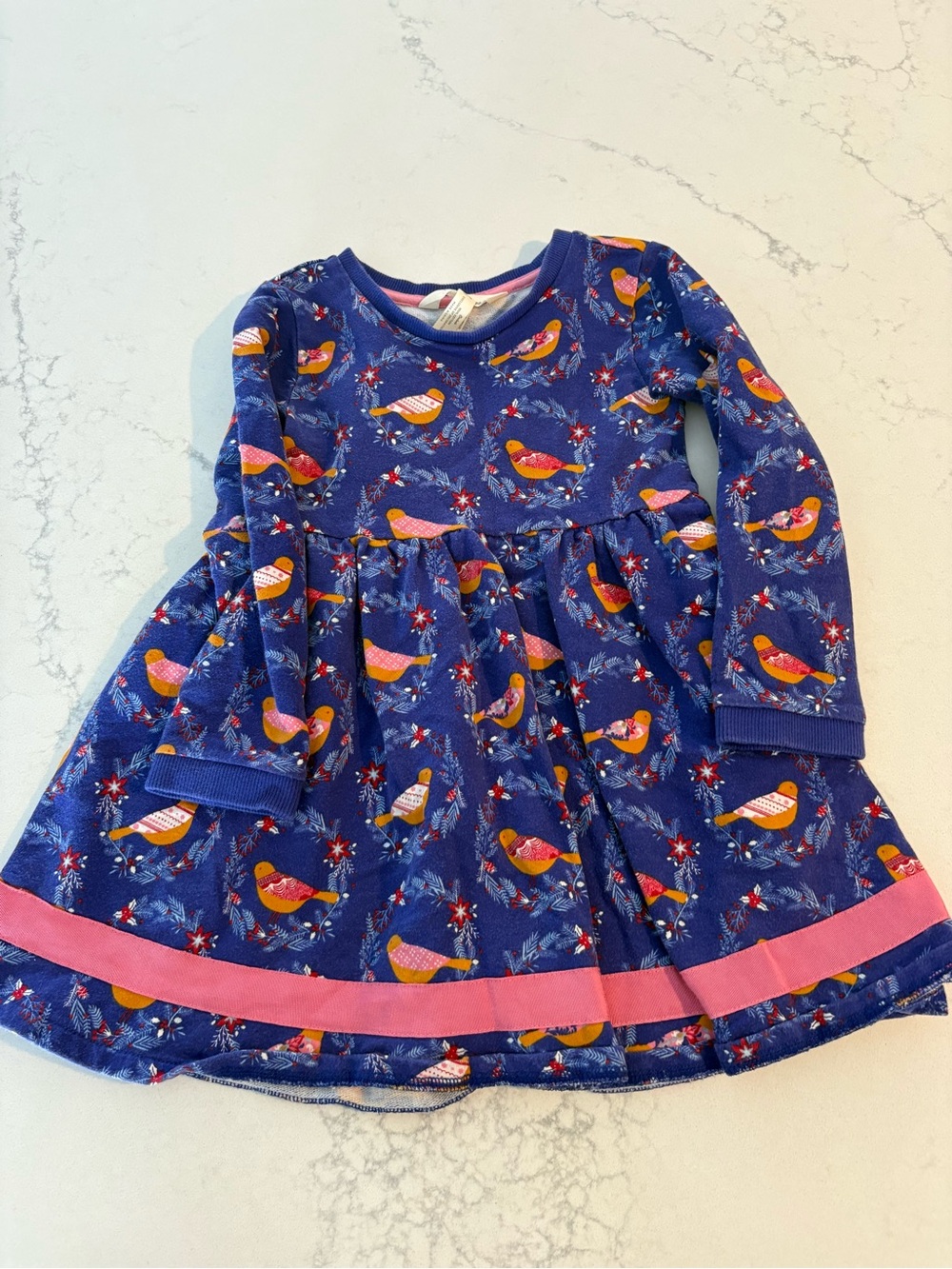 Matilda Jane Navy Bird Print Long-Sleeve Dress with Pink Trim